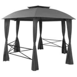 VidaXL Tuinpaviljoen Met Gordijnen Hexagonaal 360x265 Cm -Bekend Tuinmeubelen Winkel 1000001246 0103